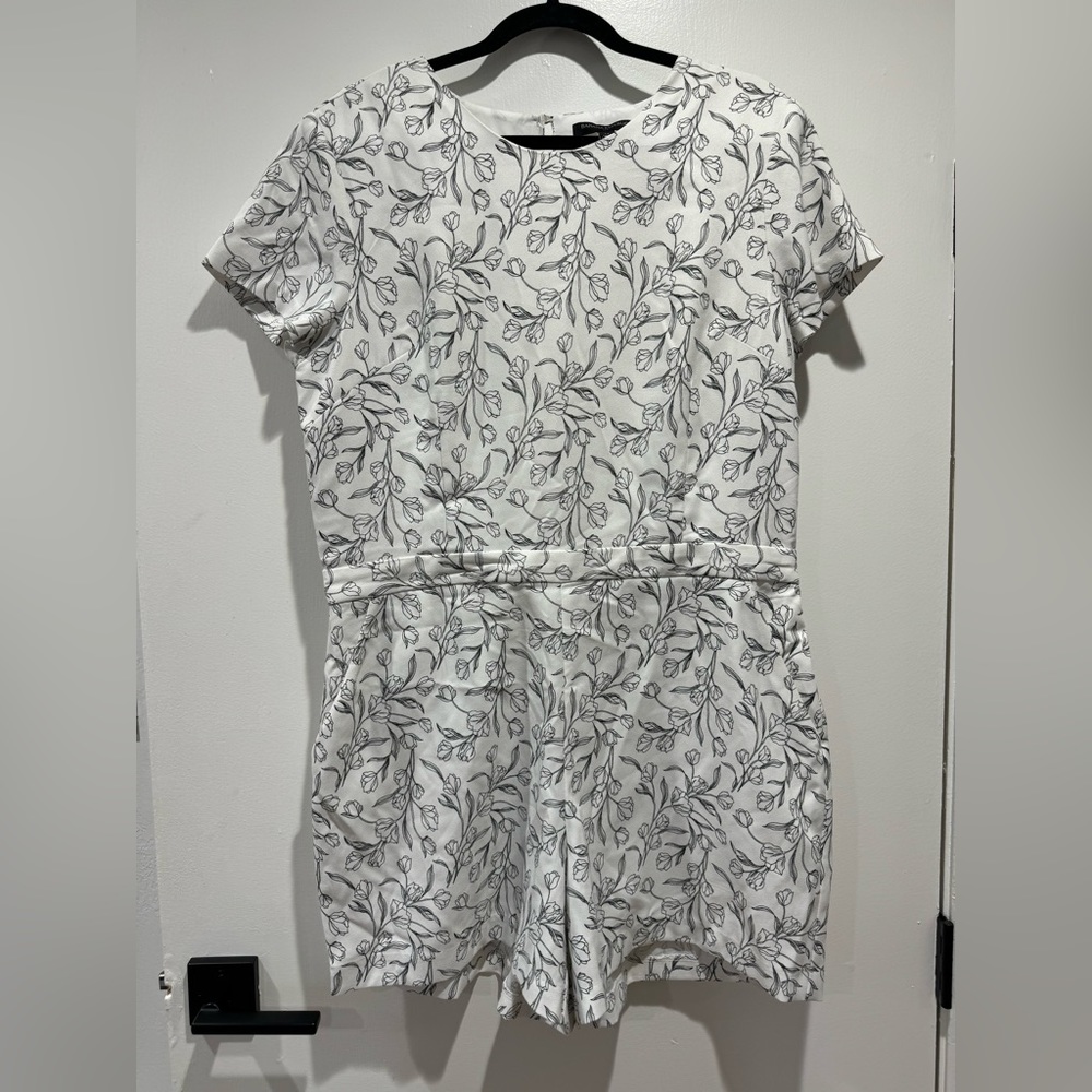 White Short Romper with Black Line Florals. Size 14